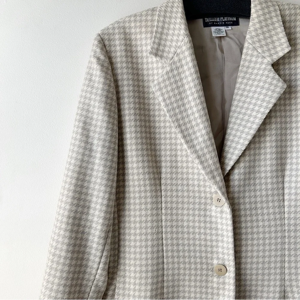 Tailleur Platinum by Barrie Pace Vintage 100% Wool Blazer Houndstooth Cream 16